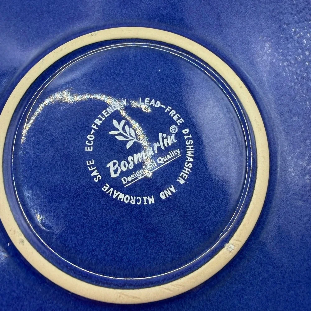 Bosmarlin Cobalt Blue‎ Stoneware Salad Plates Set of 2 Black Rim 8 Inch Ceramic